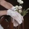 Elegant Ivory Mesh Lace Appliqued Peals Wedding Gloves For Brides Full Finger Wrist Length Women Short Gloves Ladies Prom Party Accessories CL1670