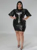 Plus size jurken glanzende pailletten vrouwen o nek puff mouw slanke fit mini jurk gwons sparkly feest verjaardag nighclub outfits 4xl