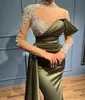 2023 Green Mermaid Evening Dresses Wear High Neck Crystal Beads Long Sleeves Illusion Prom Gowns Sheer Formal Party Dress