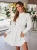 Sukienki swobodne zaciągnięte rękawy haftowane biurowe sukienka damska 2023 jesień koronkowa biała druhna wieczorna elastyczna kamizelka w talii