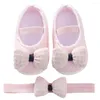 Eerste Walkers Baywell Toddler Princess Wedding 0-12 maanden geboren Baby Girls Flats Haarband Infant Cute Bowknot-schoenen