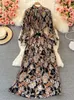 Casual Dresses 2023 Women Elegant Bohemian Floral Print Pleated Maxi Dress Ladies Long Sleeve Party Vestidos Robe231T