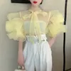 Kvinnors blusar 2023 Summer Women Chic Korean Fashion Ruffles Lace Up Bow Rose Yellow Petal Sleeve Slim Solid High Street Shirts