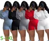 Kvinnors träningsdräkter S-5XL Sticked Long Sleeve Tracksuit 2 Pieces Shorts Set Women o Neck Crop Top och Biker Summer Sport Outfit