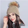 Beanie/Skull Caps Beanieskl Xthree Sticked Hat For Women Winter Wool Luxury Beanies Sklies Real Fur Pom Girl Gorro Female Cap D DHNFQ