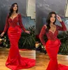 Elegant Red Mermaid Prom Dresses Deep V Neck Sequined Party Dresses Long Sleeves Custom Made Evening Dress