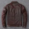 Herrläder faux vintage brun kappa klassisk cykliststil kort smal äkta jacka män avslappnad asiatisk storlek 6xl höst grossist 230109