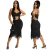 Work Dresses Sexy Tassel Mesh Skirt Sets Summer Spaghetti Strap Crop Top And See Through Stacked Women Party Clubwear 2 Piece Outfit