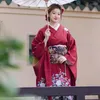 Ubranie etniczne Kobiety Tradycyjne japońskie japońskie czerwone kolory kwiatowe nadruki w kwiecistym rękawie Yukata vintage strój cosplay kostium cosplay