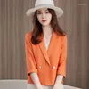 Frauenanzüge Orange Blazer Frauen 2023 Sommer Fashion Double Breasted Halbärmel Slim Jacket Office Ladies Casual Formal Work Mantel