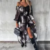 Casual Dresses Floral Print Off Shoulder Women Lantern Sleeve Ruffle Split Long Dress Elegant Lady Office Pleated A-Line