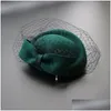 ベレー帽の女性エレガントなボウノットベール魅力者ハットカクテルベレーレディウェディングパーティー教会ヘアアクセサリーウールフェルトピルボックスDRO DH5NR