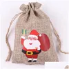 Prezent Wrap Christmas Burlap Linen Dstring Wraps Santa Claus Snowman Penguin Elk Candy Biżuter