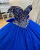 Sparkly Royal Blue Prom Dresses 8th Grade 2023 Beading Crystal Gold Floral Lace Applique Aline Quinceanera Dress Sweet 15 Formal 4289972