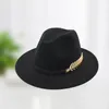 Wide Brim Hats Metal Leaves Wool Felt Trilby Hat For Women Men Winter Autumn Jazz Godfather Caps