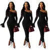 Casual jurken sexy ruches een schouder een schouder lange jurk flare mouw feest herfst winter nacht clubwear bodycon runway kleren