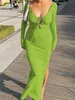 Casual Dresses Women's Spring Summer Ribbed Long Dress Solid Color Sleeve V Neck Backless Party Bodycon Split