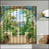 Rideaux De Douche Paysage Paysage Rideau Cascade Forêt Arquée Jardin Fenêtre Vue Plantes Vertes Fleurs Maison Salle De Bains Avec Crochet Dr Dhqrx