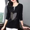 Women's TShirt Fashion Casual Diamonds Fake Two Pieces Button Cotton Woman Long Sleeve Oversized Loose Pullovers Tops Ladies Tunic 230130