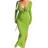 Casual Dresses Women's Spring Summer Ribbed Long Dress Solid Color Sleeve V Neck Backless Party Bodycon Split