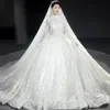 2023 Plus la taille une ligne robes de mariée longues manches illusion dentelle applique bijou col transparent perles perlées sur mesure chapelle Weddin221U