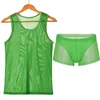 Undershirts Mens Sets 2 Piece Mesh See Through Tank Tops Pants Shorts Sexy Fishnet Underwear Tracksuit Nightwear Sports Suits