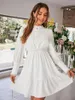 Casual Dresses Puff Sleeve broderad Office Dress Women's 2023 Fall Lace White Bridesmaid Evening Elastic Midje Hollow Vest