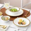 Platen Nordic Keramische Dinerbord Met Gouden Kralen Rand Ronde Dessert Voorgerecht Serveerschalen Soep Slakom Snack Container