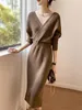 Casual Dresses Vintage Long Sleeve Knitted For Women Party Robe Female Autumn 2023 Retro V-neck Bodycon Dress Korean Slim Waist Vestido