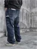 Men's Jeans Splash Printed Hio Hop Loose Baggy Cargo Denim Trousers Male Patchwork Washed