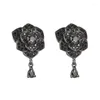 Boucles d'oreilles Noble noir Zircon pavé fleur argent plaqué Rose pour les femmes tempérament Banquet fête bijoux de luxe