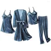 Kvinnors sömnkläder Autumn Winter Women Set Bathrobe Nightwear Randig Velor Pyjamas Sexig Sleep Pijamas Suit Långärmad hemkläder