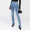 Dames Jeans Spiraal Twee Kleur Gesplitst Stretch Hoge Taille Mager Vrije tijd Broekspijpen Split Lang Micro Pull The Floor S L 230110