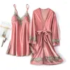 Women's Sleepwear Autumn Winter Women Set Bathrobe Nightwear Striped Velour Pajamas Sexy Sleep Pijamas Suit Long Sleeve Homewear