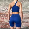 Active Sets Seamless 2 Piece Set One Shoulder Sports Bras Strappy Ribbed GYM Biker Shorts Workout Legging Cropped Top Athleisure Wear