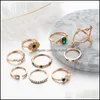 Anneaux de bande 9 pièces / ensemble femmes vert cristal géométrie couronne fleur coeur étoile opale Knuckle anneau ensemble Boho fête bijoux or doigt 464 Q Dhey2