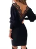 Automne Lazada robe Sexy dos nu évider dentelle col en V taille