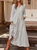 Casual Dresses 2023 Cotton Linen Elastic Cuff Women Dress V Neck Puff Sleeve Vintage Lady Mid Calf Vestido Maxi 3xl