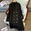 Casual Dresses Autumn Winter Office Lady Suit Collar Double Breasted Patchwork Pleated Dress Women's Wear 2023