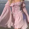 Casual Dresses Fairy Pink Chiffon Mini Dress Chic Women Bandage Corset Vintage Long Puff Sleeve Sundress Slash Neck Bridesmaid Bodycon Beach