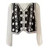 Kadın Ceketleri Kadın Tığ Örgüsü Şifon Pufu Uzun Kollu Kırpılmış Hardij Nakış Çiçek V-Yaka Düğmesi Ceket ceket bluz için