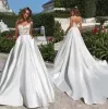 Abiti da sposa a trapezio in raso con top in rete trasparente Abiti da sposa in tulle con applicazioni di pizzo e strascico senza schienale Abiti da sposa da giardino con tasche 2023 BC2787