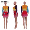 Malhas femininas tees cm yaya rib knit mulheres suéter multicolor top e midi mini saia terno de outono winter streetwear moda duas peças definidas
