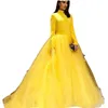 2023 이브닝 드레스는 패션을 착용하고 밝은 노란색 우아한 높은 목 라인 긴 슬리브 지퍼 뒷면 바닥 길이 얇은 댄스 파티 드레스 여자 파티 가운 스윕 트레인