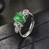 Cluster Rings 2023 Silver Fashion Temperament Simulation Natural Kan Jade Jasper Green Gemstone Adjustable Ring For Women Fine Jewelry
