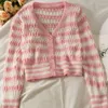 Women's Knits Women Short Striped Cardigan Knitted Sweater Autumn Winter Long Sleeve V Neck Jumper Casual Streetwear Fashion Pull Femme Coat