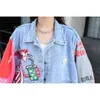 Kvinnorjackor 2023 Spring Cartoon Denim Jacket Kvinnor Sequin Color Matching Loose Tooling Fashion Jeans Chaqueta Vaquera Mujer