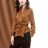 Blouses voor dames chiffon shirt dames 2023 herfstjurk westerse stijl imitatie satijn mode slanke boog lange mouwen vestiging tops tops blusas