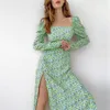 Casual Dresses Women's Maxi For Summer 2023 Sexy High Split Low Squarre Neck Boho Dress Sweet Girl Long Sleeve INS Fashion Vestidos