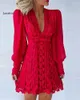 Casual Dresses 2023 Women Autumn Boho Fashion Elegant Sexig V Neck Solid Sheer Mesh Long Puff Sleeve Futterfly White Lace Mini Dress